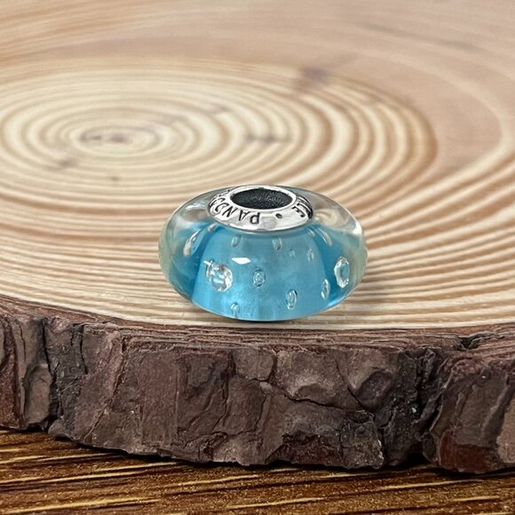 Murano Glass Blue Effervescence Clear Bead Charm - Picture 3 of 5